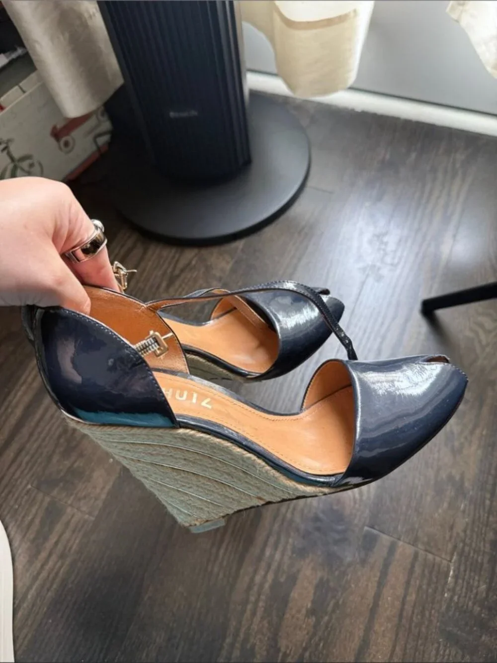 Schutz Navy Patent Espadrille Wedge Sandals